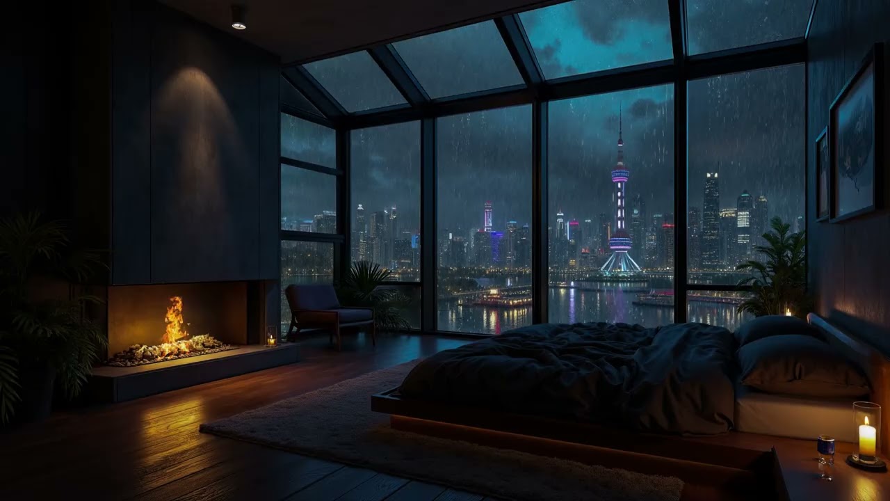 Rainstorm in the City 🌧️ Cozy Bedroom & Fireplace Crackling | Deep Sleep Rain Sounds