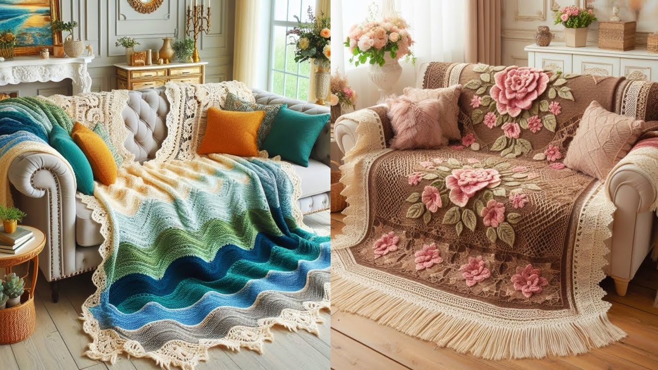 Beautiful sofa blanket model knitted with wool (share ideas) #knitted #crochet #sofablanket