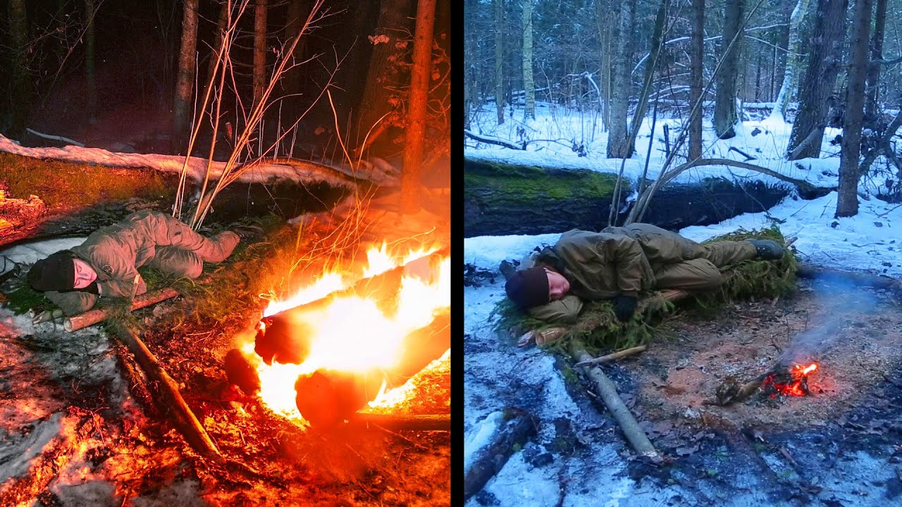 Ночевка в зимнем лесу с костром Нодьей из трех бревен