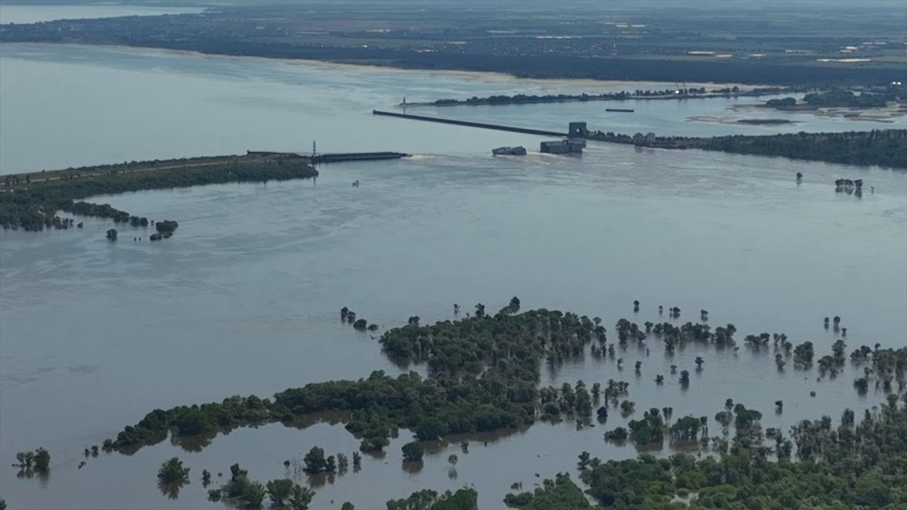 Drone video shows ruined Ukraine dam, floods