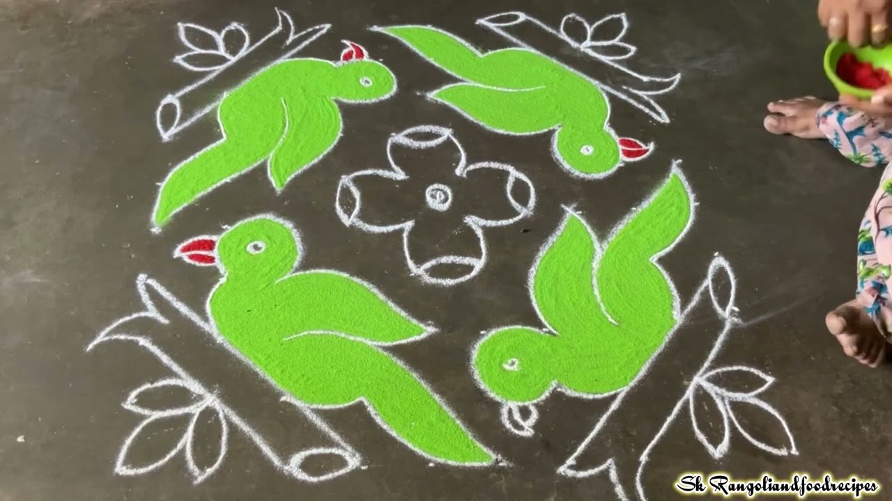 10x10 dots parrot🦜 kolam || Simple and easy with colourful 😊 #video #dialyrangoli #kolam #rangoli 