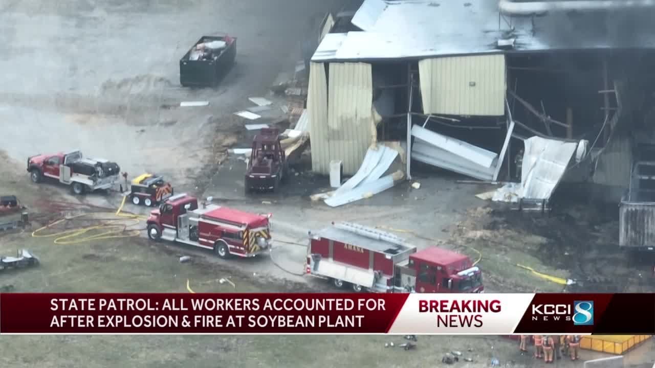 Explosion and fire at soybean processing facility in Marengo, Iowa