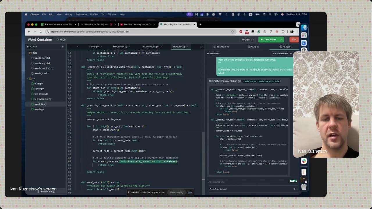 Live AI-Assisted Coding Interview Training - Word Container