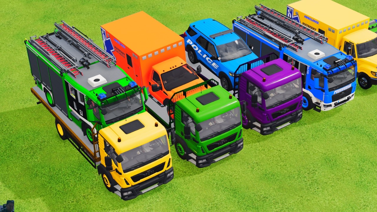 TRANSPORTING POLICE CARS, AMBULANCE, FIRE TRUCK, COLORFUL CARS WITH TRUCK GAME FARMING SIMULATOR 22