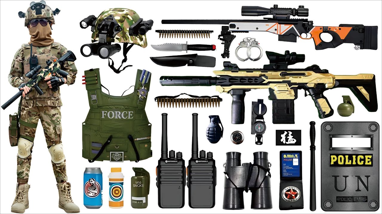 Unpack and collect toy guns, M16 assault rifles, Colt M1911 pistols, walkie-talkies, and daggers