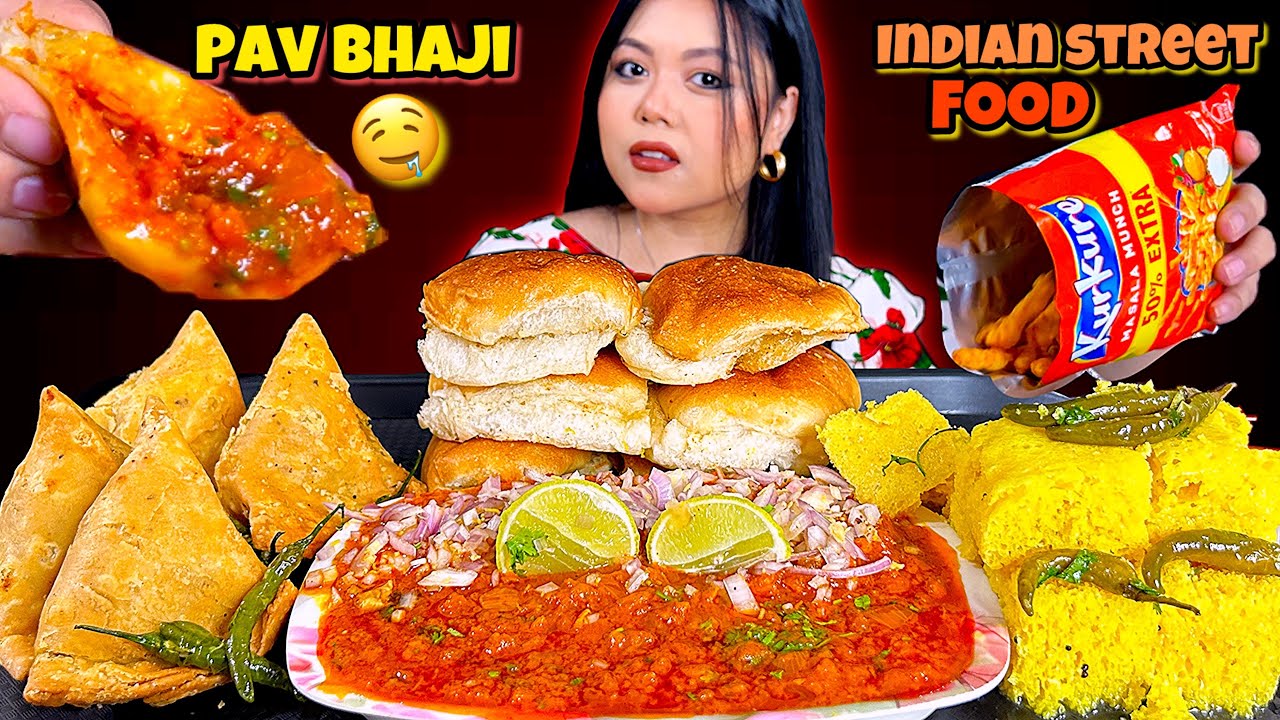 EATING PAV BHAJI, SAMOSA & DHOKLA | INDIAN STREET FOOD | MUKBANG | ASMR EATING 