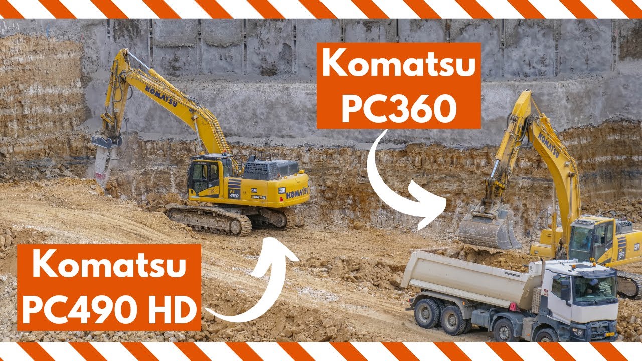Komatsu PC490 hammering and PC360 loading trucks in Kirchberg, Luxembourg