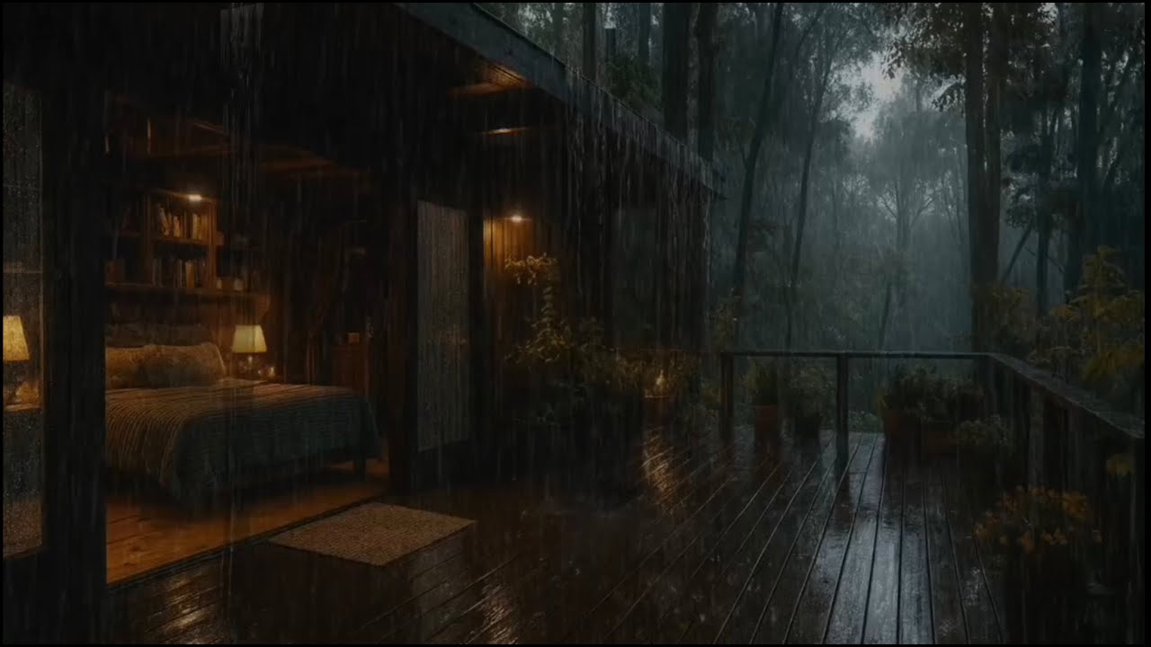 Heavy Rain on a Cozy Cabin Deck | Forest Night Sounds for Sleep