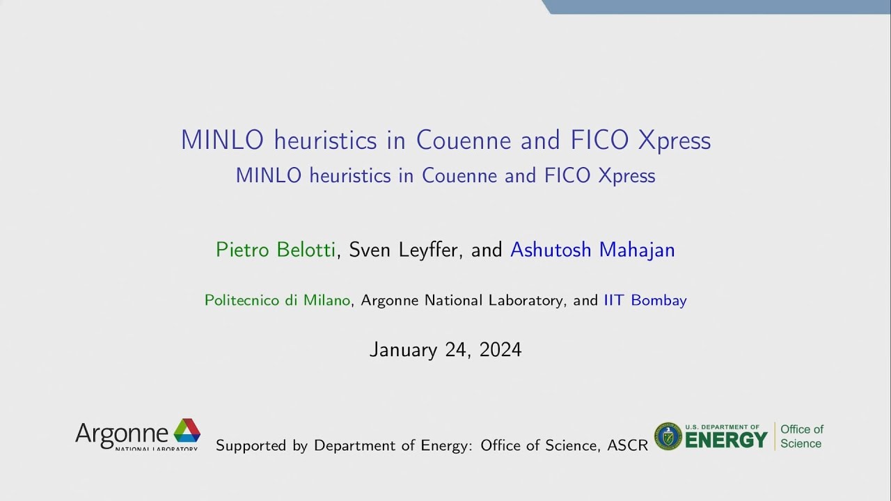 Lecture 47: MINLO heuristics in Couenne and FICO Xpress, by Pietro Belotti.