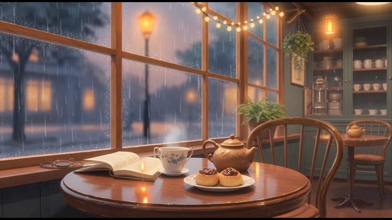Ghibli Inspired Rainy Cafe and Music for relaxing or Studying. Anime Ambience.