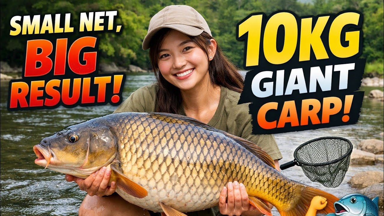 Small Net, BIG Result — 10KG Giant Carp from the River! 💪🐟#fishing 