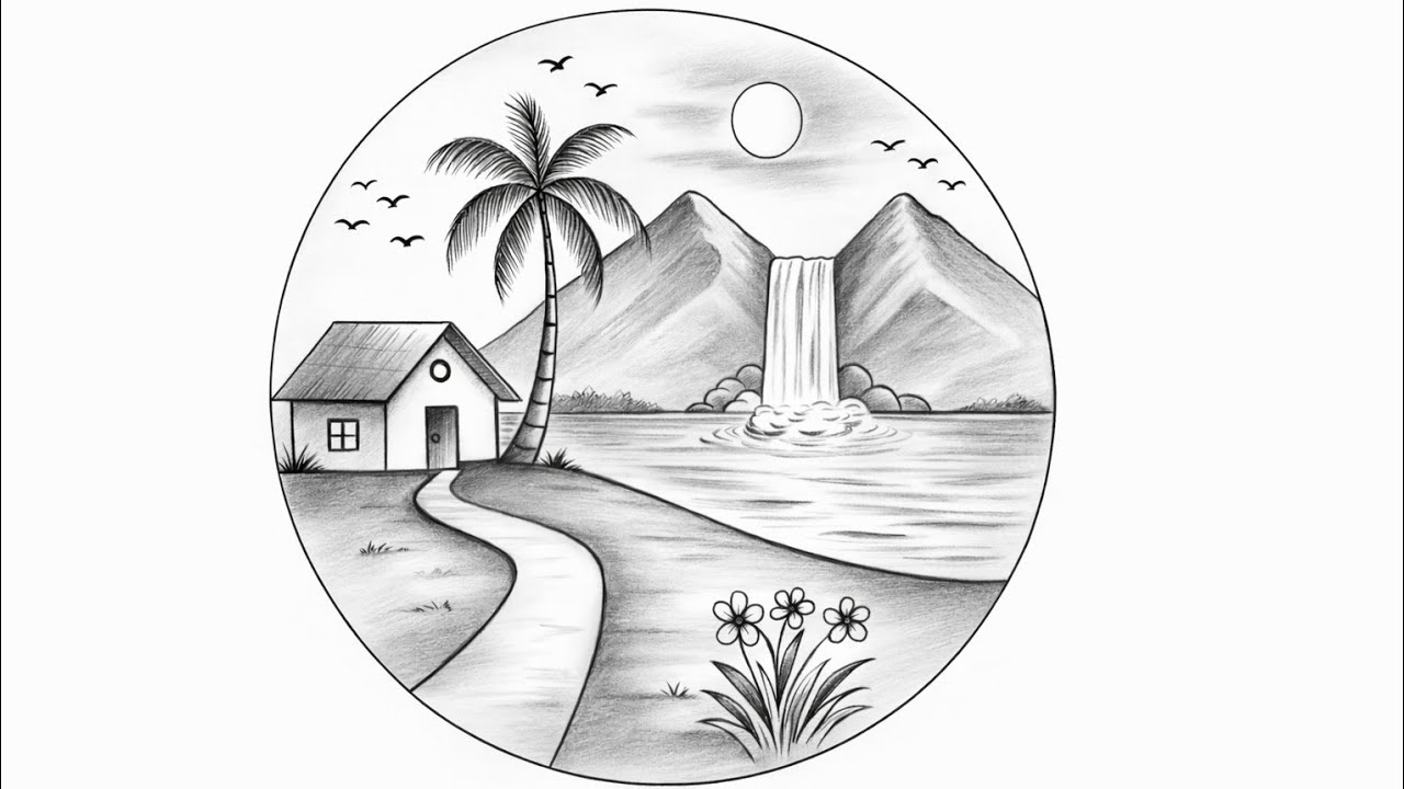 Easy scenery drawing in circle/ beautiful circle scenery drawing/ easy drawing ideas for beginners 