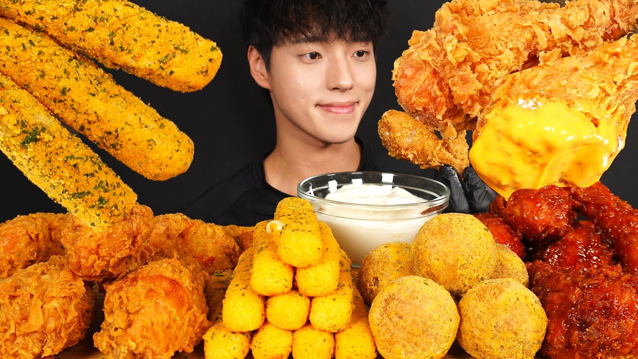 ASMR MUKBANG FRIED CHICKEN & CHEESE STICKS & CHEESE BALLS & SWEET AND SPICY SEASONED CHICKEN