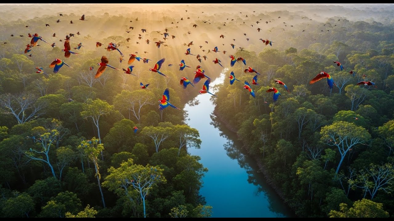 Relaxing Walk in the Amazon: Canopy Sunrise | Scarlet Macaws Crossing the Light