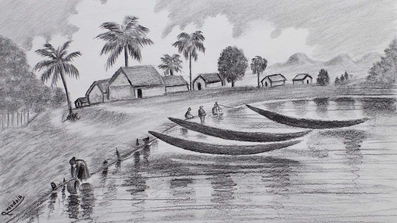 Pencil Drawing Tutorial | How to Draw a Landscape - Country Houses - Boats - Trees