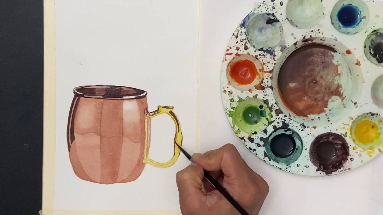 Watercolor painting of copper mug .