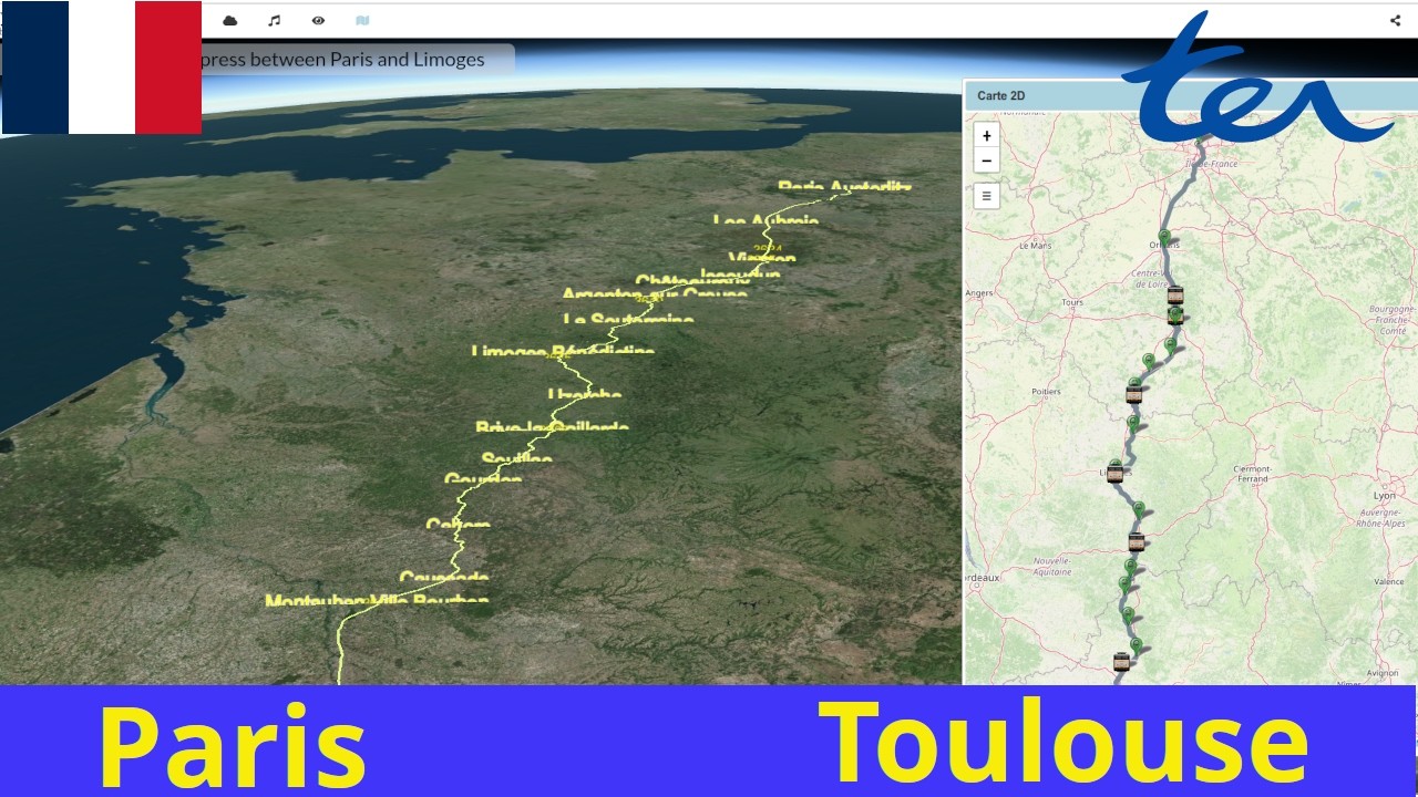 Simulate TER(SNCF) Railway journey from Paris to Toulouse with relaxing music.