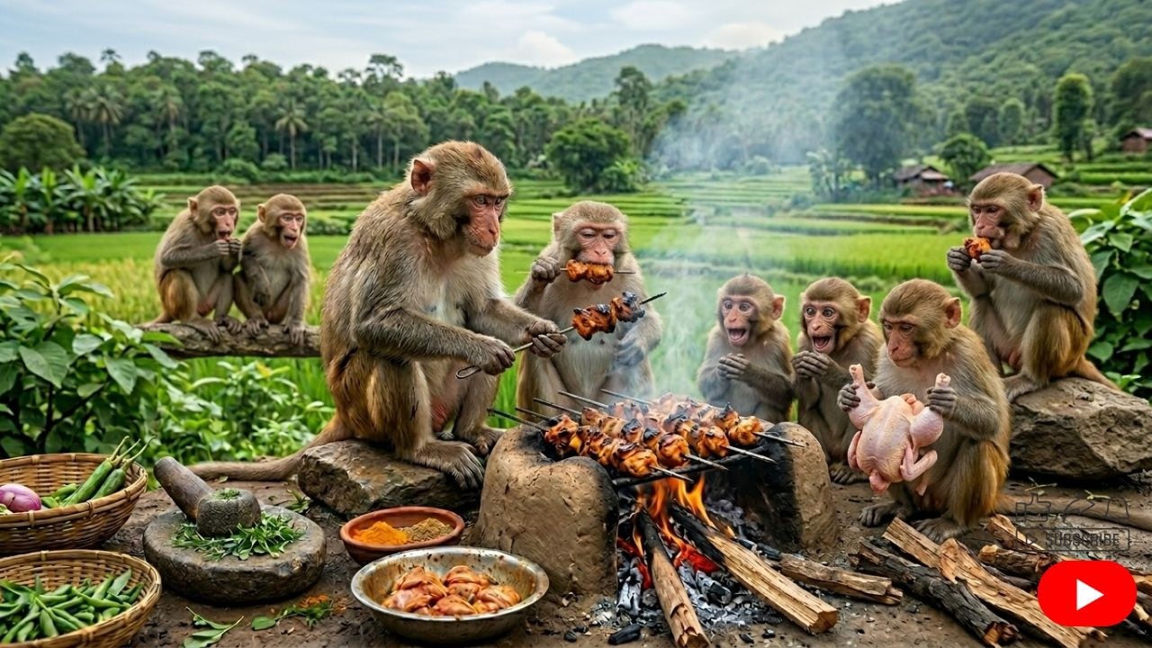 Desi Style Chicken Tikka बनाते दिखे बंदर 😱🔥 जो हुआ वो चौंकाने वाला था! 🐒🍗