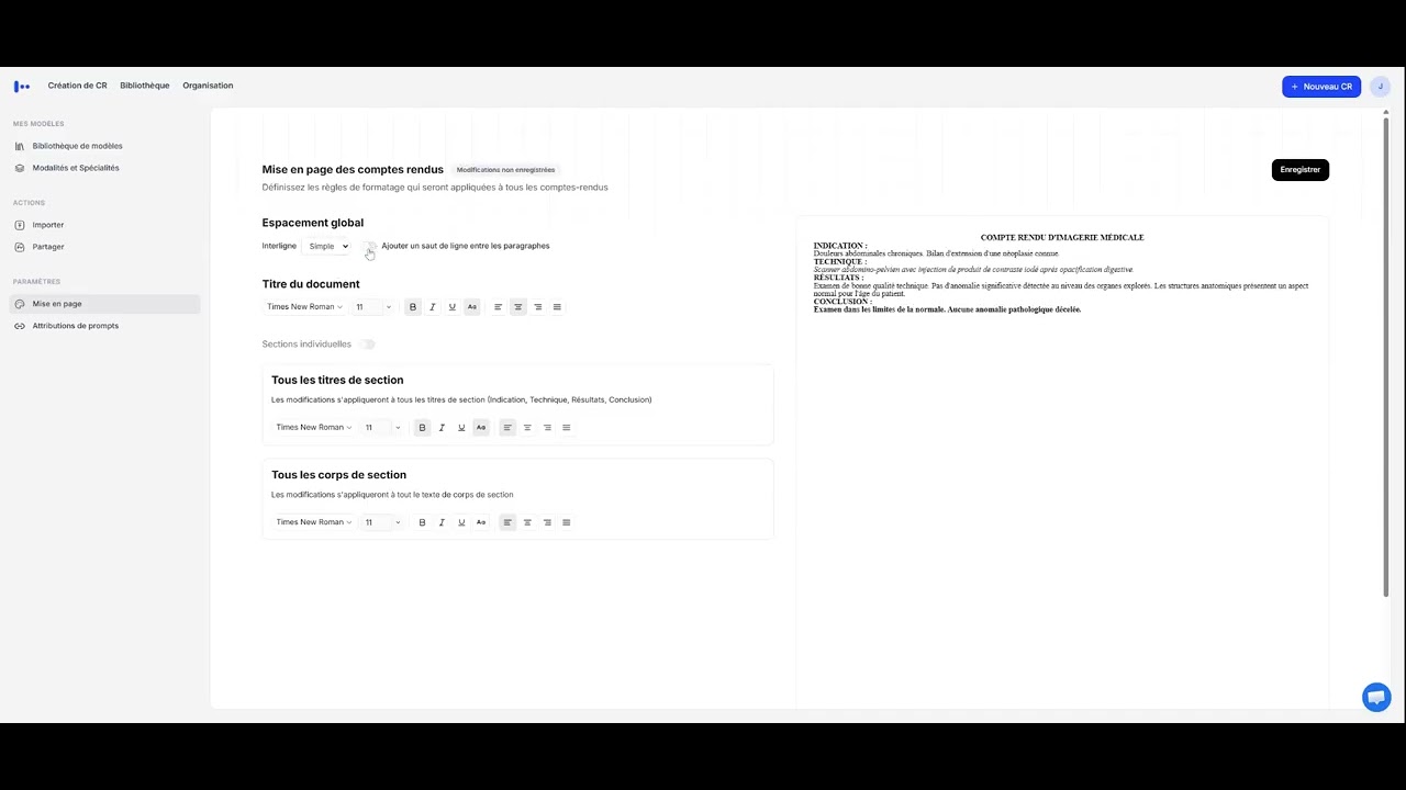 Gestion de la mise en page des comptes rendus sur Medpilot