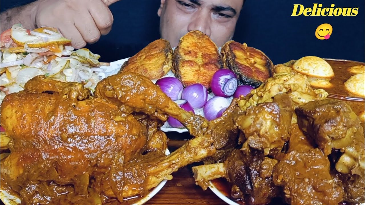Eating Whole Chicken Curry | Spicy Mutton Curry| Egg Curry | Mutton Grevy | Basmati Rice & Salad 😋