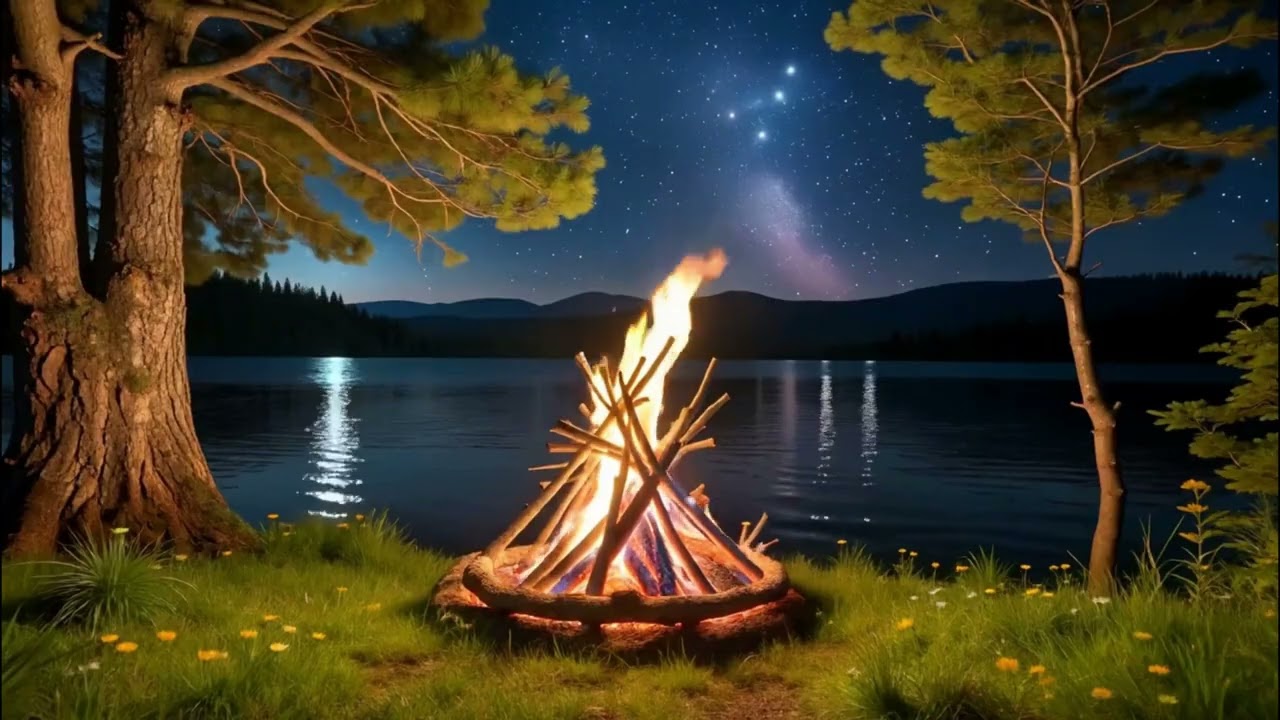 Relaxing Lakeside Campfire at Night with Warm Crackling Fire for Deep Sleep