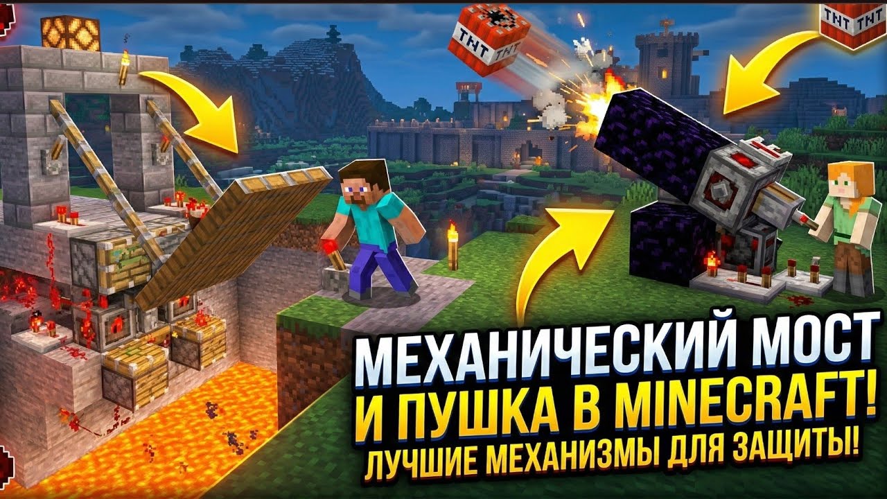 Механический мост и механическая пушка в Майнкрафте