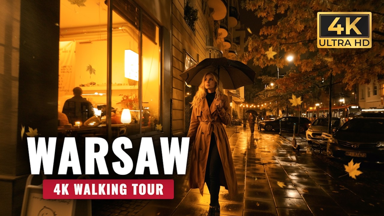 Explore Warsaw on a Rainy Fall Evening – 4K Walking Tour – Poland