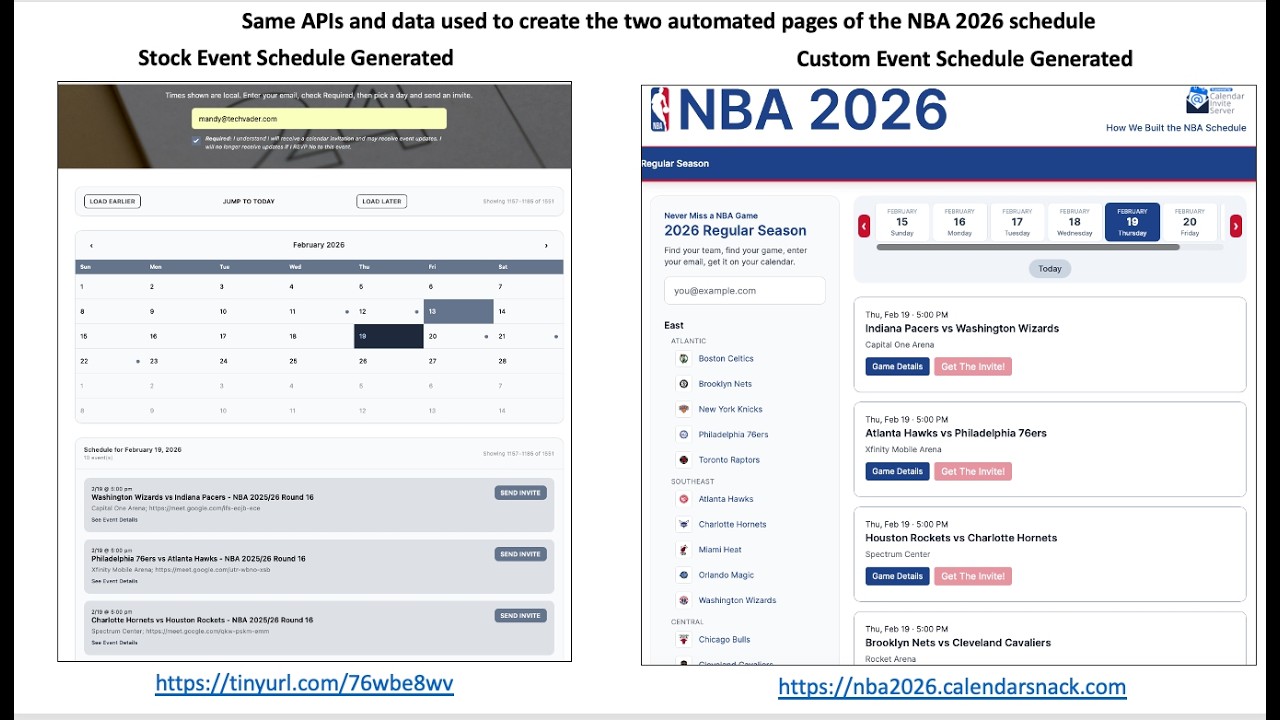 NBA Review of Auto Generated Schedule page for sending, tracking, and updating Calendar Invites