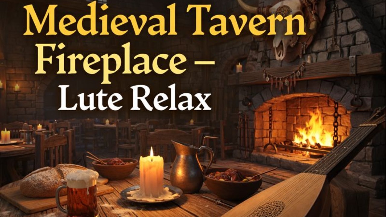 Medieval Tavern Fireplace Ambience 🔥 Lute Music & Crackling Fire | Cozy Medieval Relaxatio