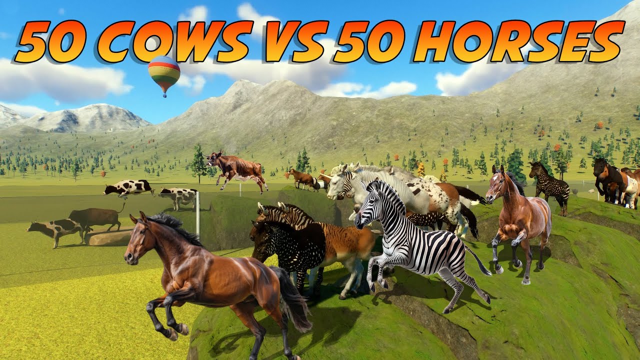 50 Cows VS 50 Horses Animals Race in Planet Zoo included Cow, Buffalo, Unicorn, Horse & Zebra
