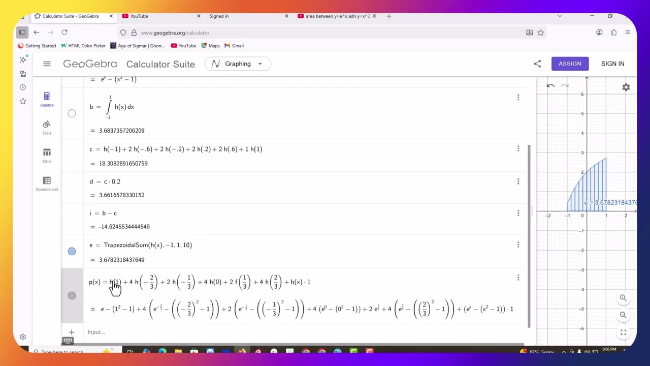 Approximating area between e^x, x^2-1 from negative one to one