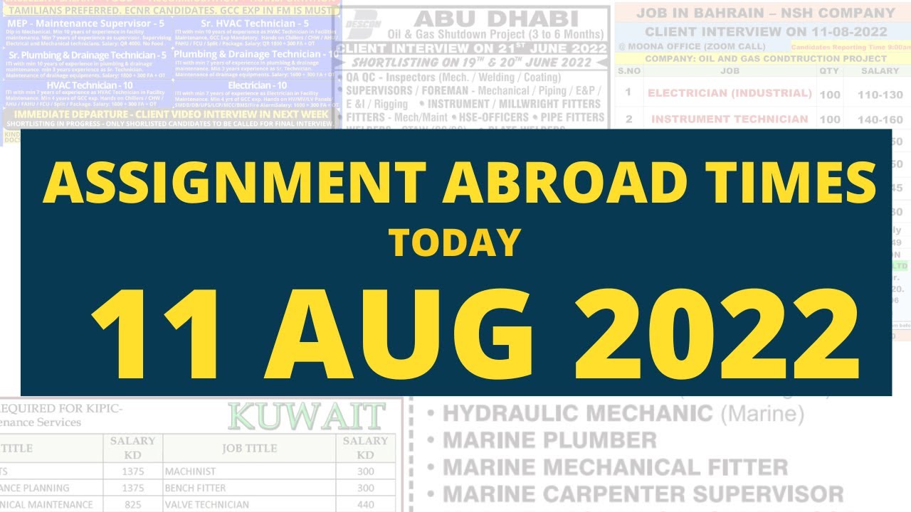 Assignment Abroad Times Today 11 Aug Malayala Classified gulf jobs newspaper for Kerala South India