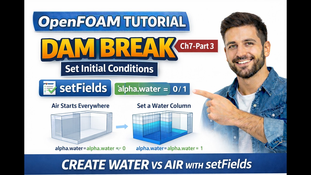 OpenFOAM Dam Break: setFields & Initial Conditions (alpha.water = 0/1) | Ch7–Part 3