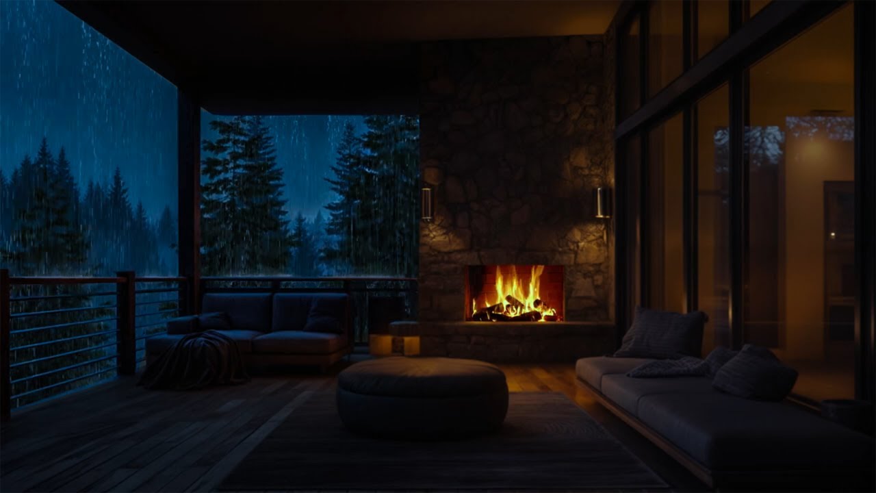 Front Porch Rain at Night | Gentle Rain Noise & Cozy Fireplace Ambience for Insomnia Relief