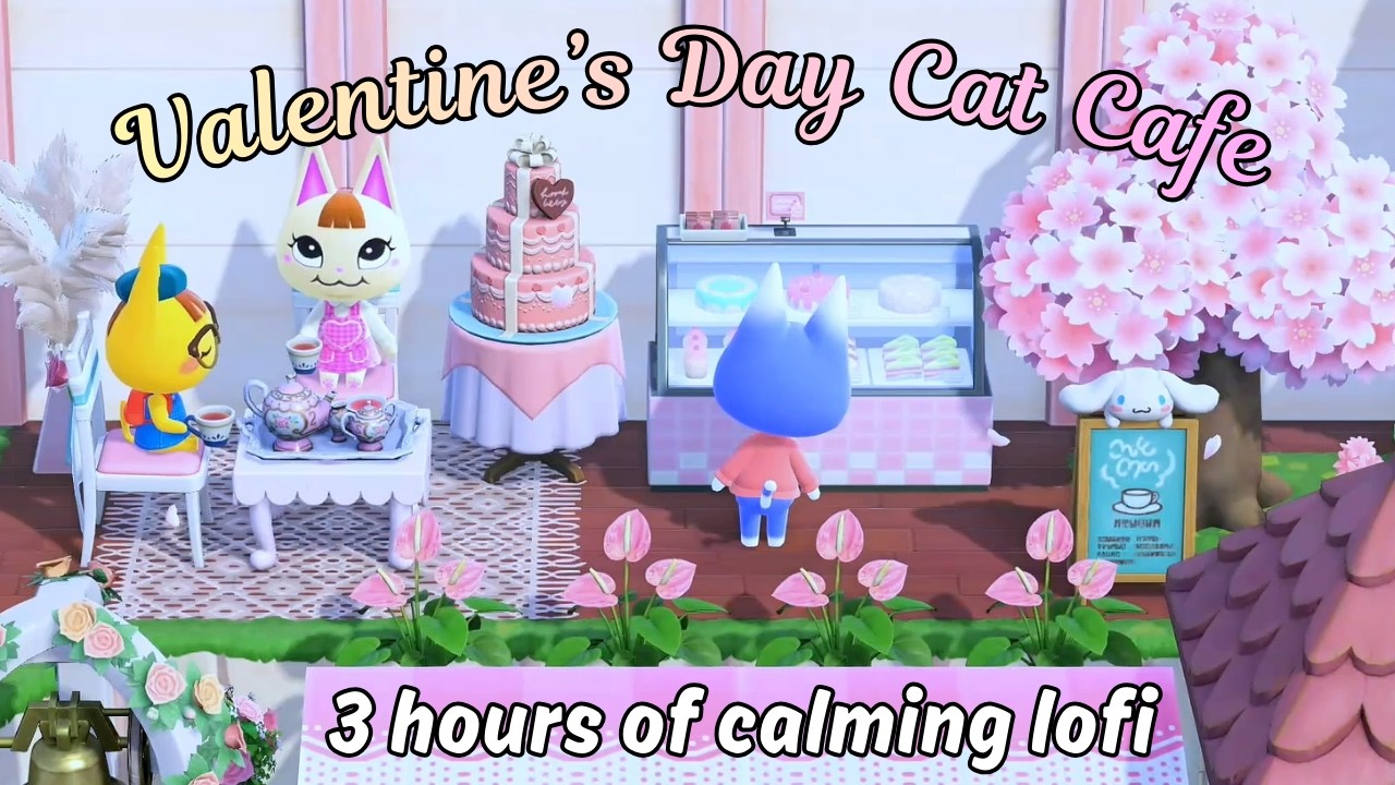 Meowentine’s Day Cat Café 💕 3 Hours of Lofi for Focus or Study 💝 Animal Crossing Valentines Ambience