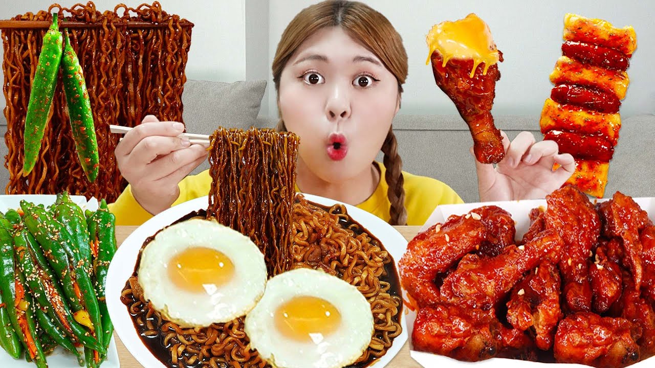MUKBANG 직접 만든 짜파게티 양념 치킨 먹방 모음!  FRIED CHICKEN AND BLACK BEAN NOODLES EATING | HIU 하이유