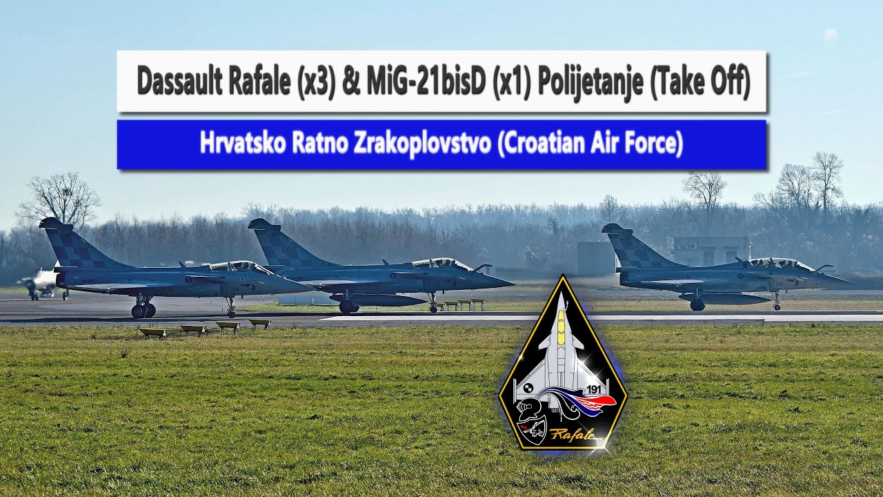 ✈️🇭🇷Dassault Rafale (x3) & MiG-21bisD (HRZ) (x1) Polijetanje (Take Off)