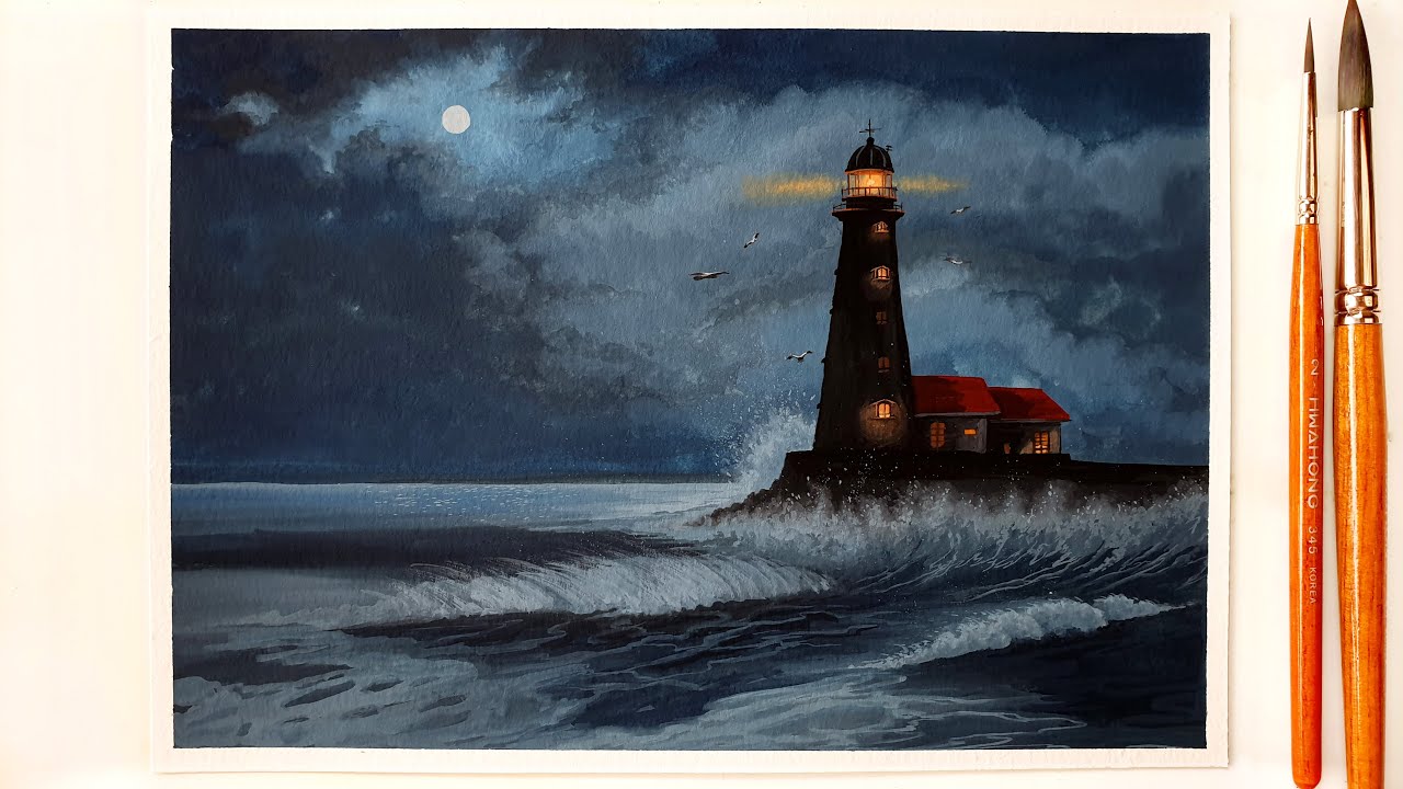 Lighthouse Painting with Gouache ｜ Night Seascape Painting