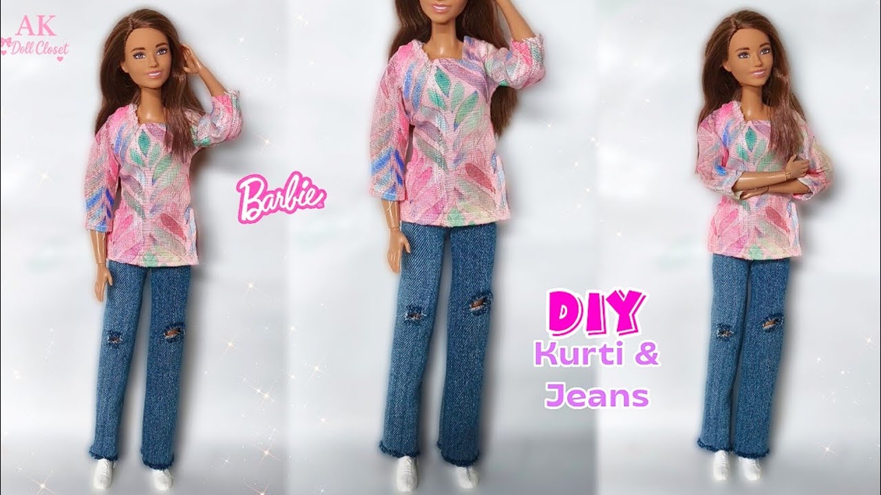 DIY Barbie Kurti & Jeans Outfit🌸 | Easy doll dress making | AK Doll Closet