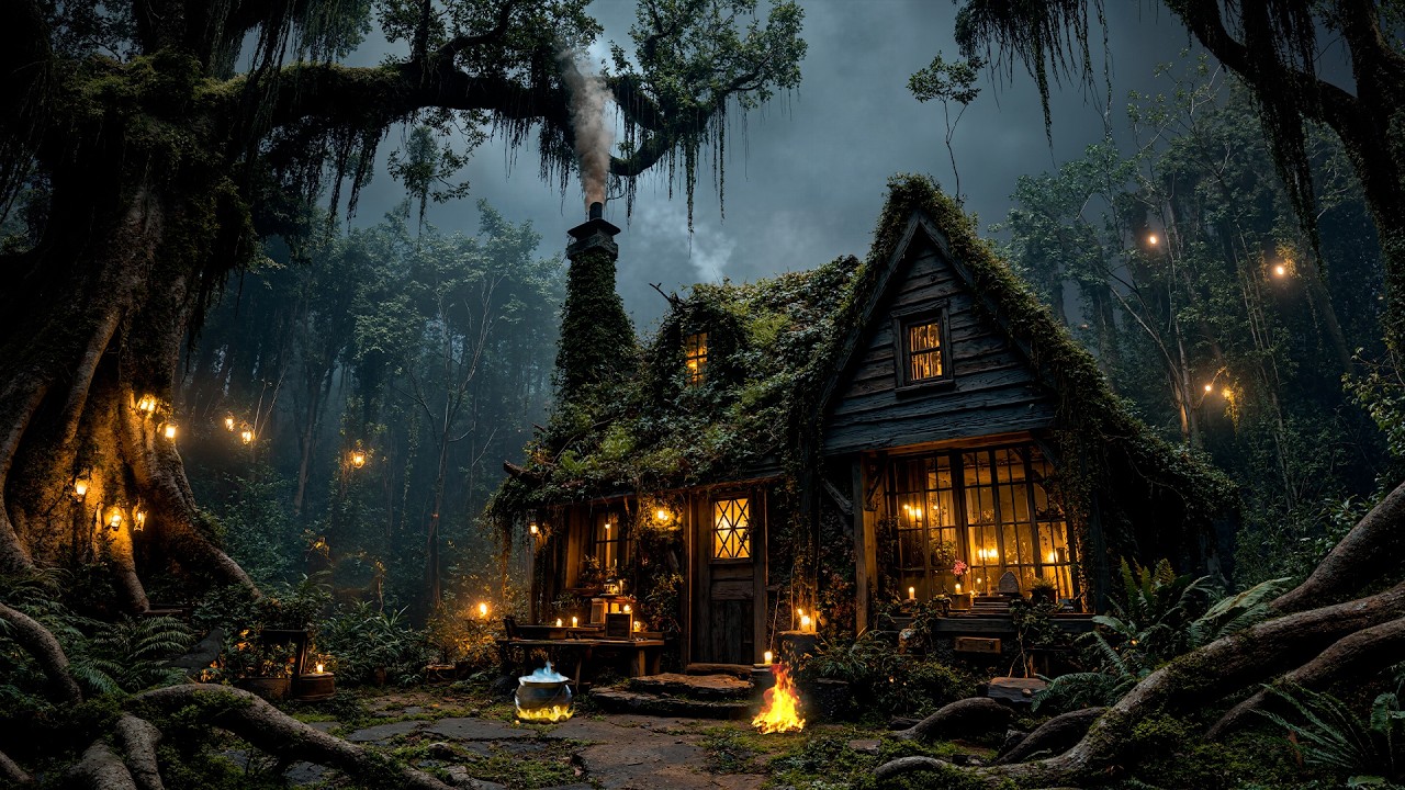 Enchanted Forest Witch's Cottage Ambience – Warm Fire, boiling cauldron & Relaxing Nature Sounds