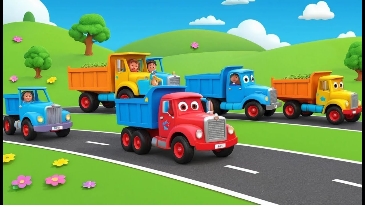 Пять маленьких грузовиков скатываются с хо