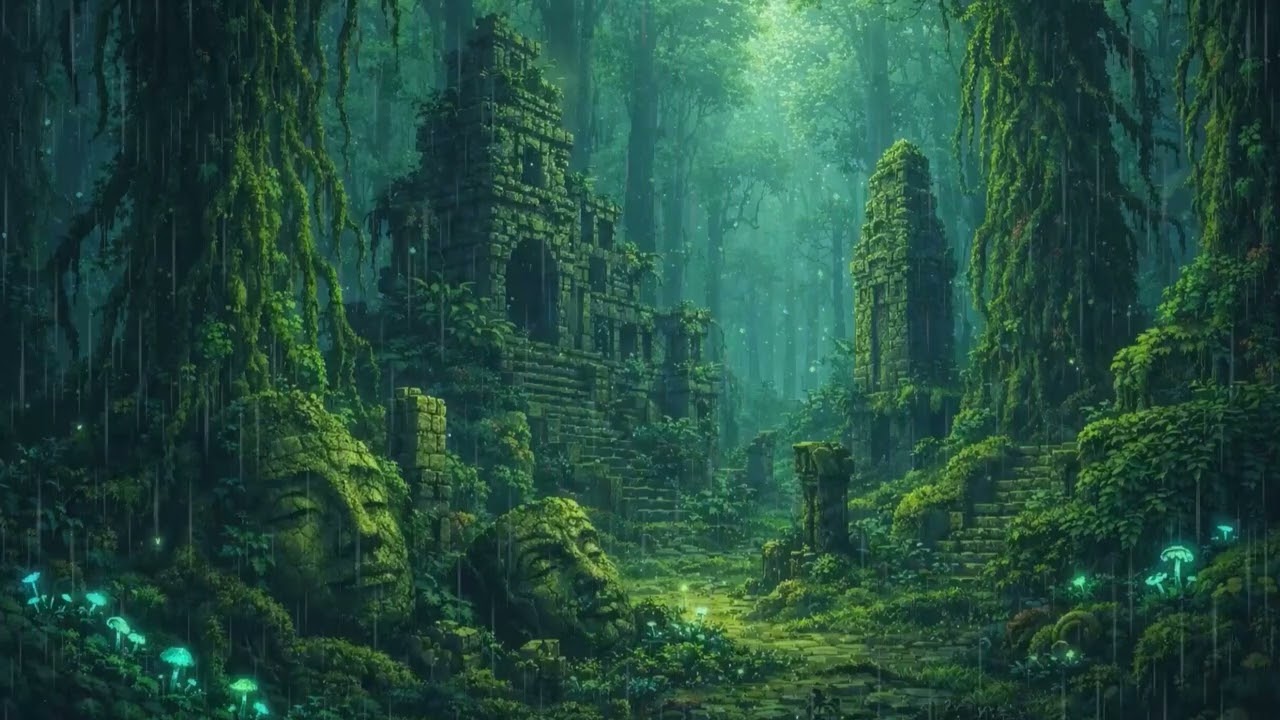 Ancient Forest Ruins in Rain – Mystical Deep Focus Ambient (1 Hour)