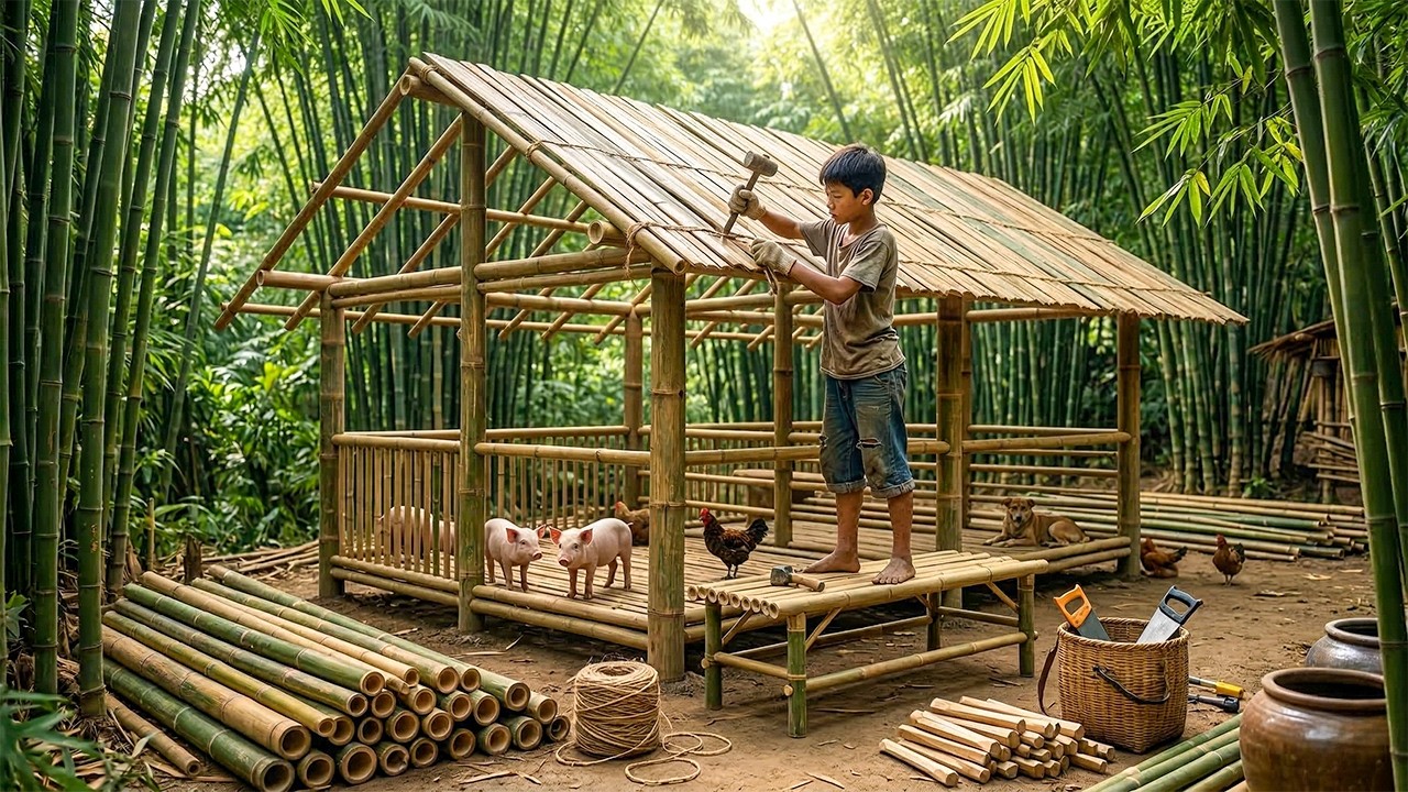 Living Off-Grid: Orphan Boy Building a Bamboo Pig Pen Frame and Roof After Disaster