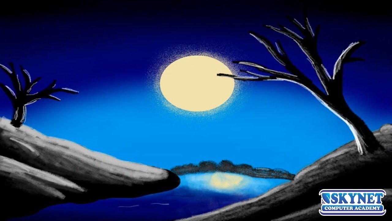 Big Moon Night Scenery in MS Paint | Easy Digital Art for Beginners