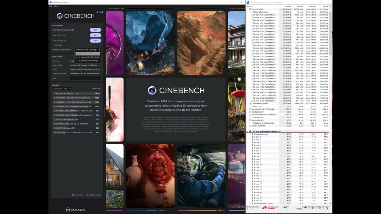 AMD RYZEN 7 9800X3D (stock) vs INTEL14900K (stock), Cinebench R24