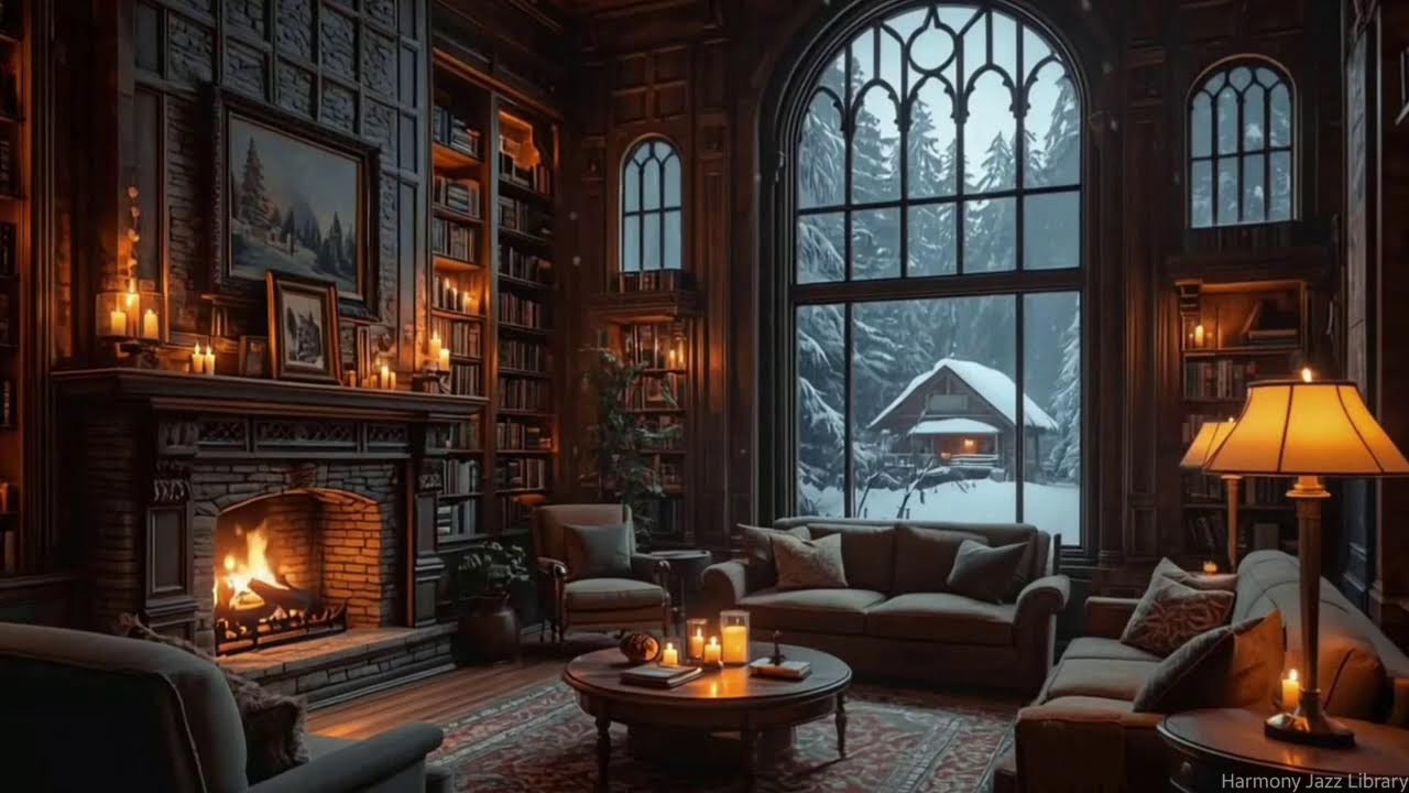 Snowfall Library Jazz with Fireplace & Towering Bookshelves | Bookish Focus and Quiet Study
