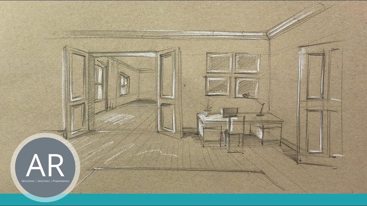 Räume in Zentral-Perspektive zeichnen lernen. Akademie Ruhr - Zeichenkurse für Interior-Designer