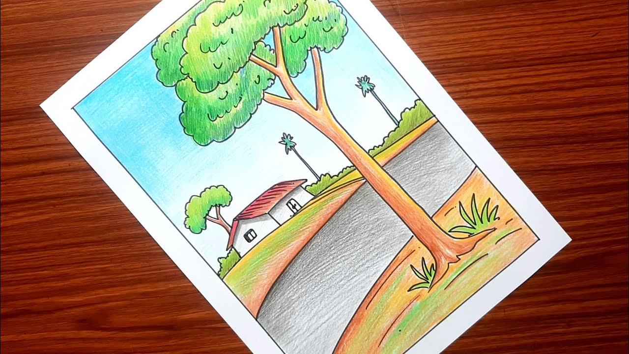 Easy Scenery drawing with colour | Scenery drawing easy |