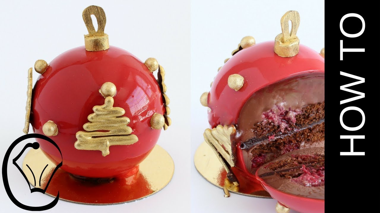 Chocolate and Raspberry Mirror Glaze Christmas Ornament Bauble Entremet