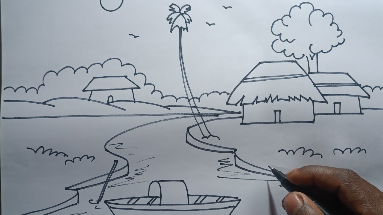 How to Draw Beautiful Village Scenery Step by Step for Beginners